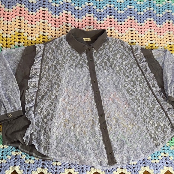 NWOT POL Gray Lavender Sheer Lace Romantic Blouse top shirt button up oversized - Picture 15 of 17
